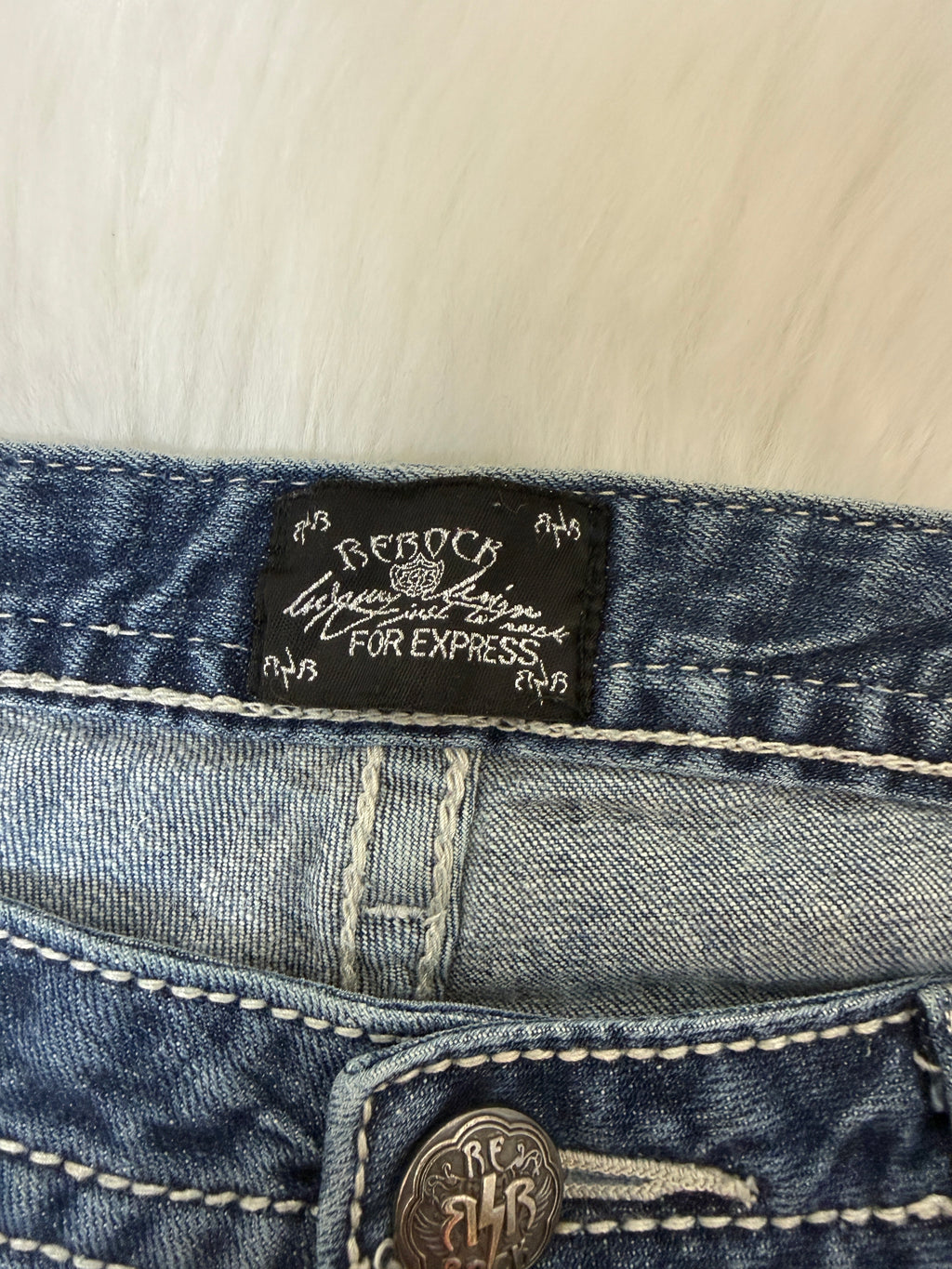 ReRock Express Y2K Western Denim Shorts Dark Wash Embroidered Contrast Stitch UK12