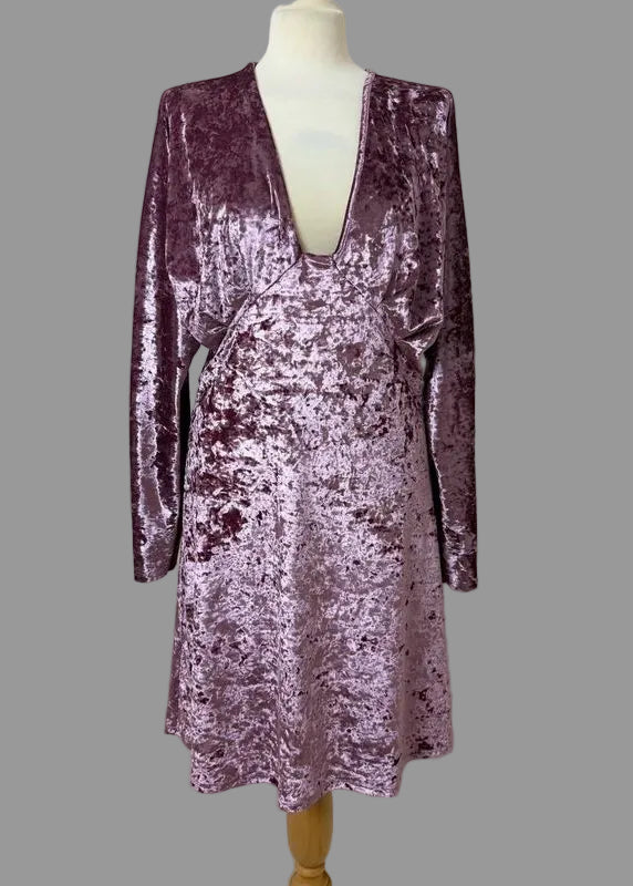 ASOS Purple Crushed Velvet Mini Dress Plunge V Neck Long Sleeve UK 12