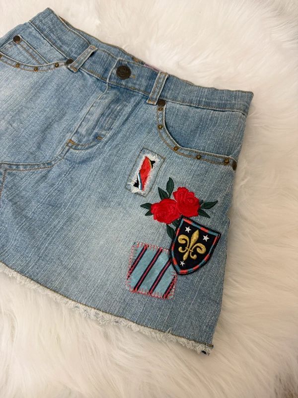 Girls Stuff Hilary Duff Y2K Patchwork Denim Micro Mini Skirt Studded Low Rise W24