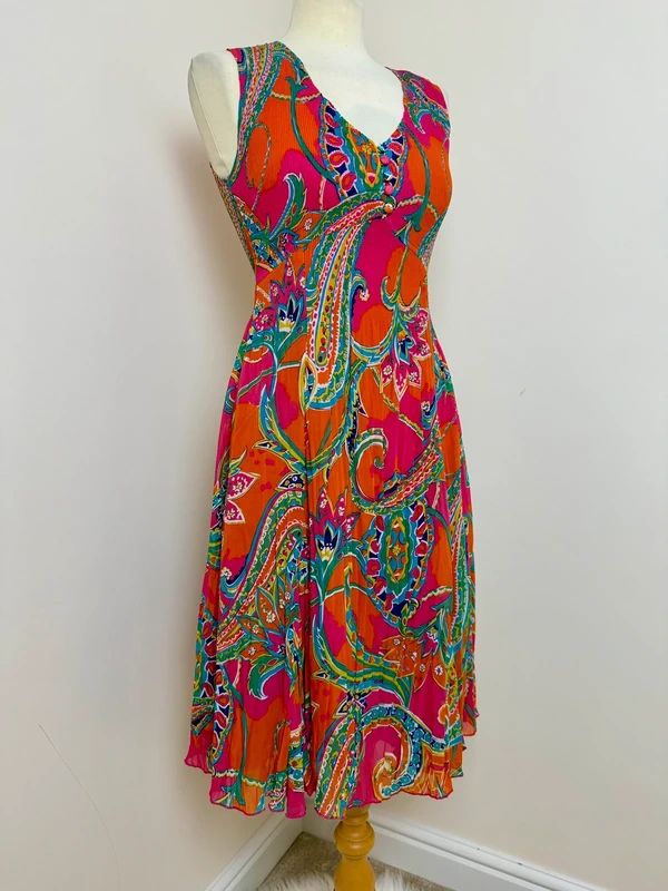 East Paisley Plisse Dress Sleeveless Fit & Flare Boho V Neck UK8