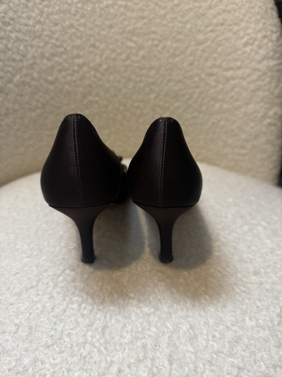 Phase Eight Dark Brown Satin Ruffled Peep Toe Heels - UK4 EU37