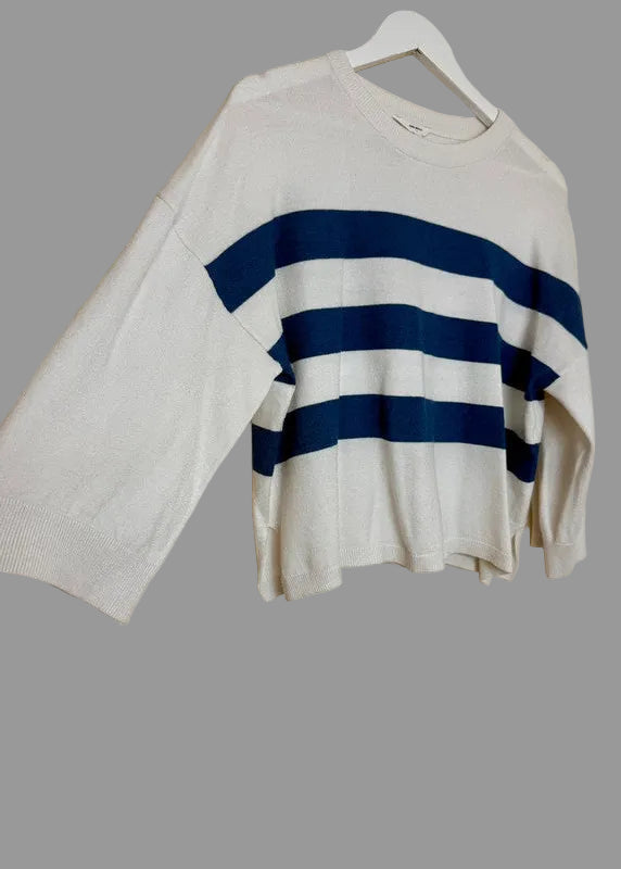 Object Ivory Navy Stripe Relaxed Fit Lightweight Knit - Large