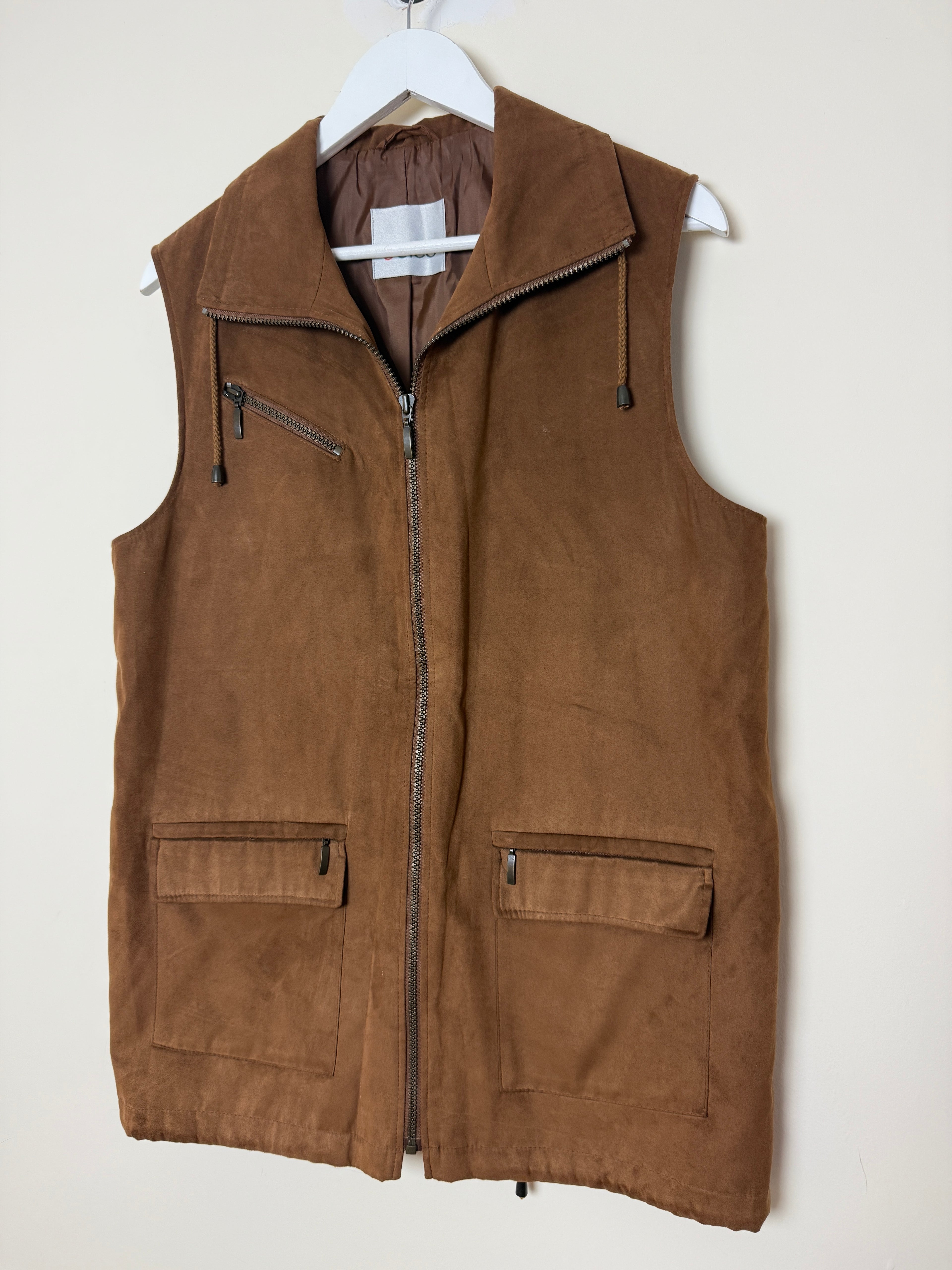 Gelco Bodywarmer Gilet Brown Faux Suede Cargo Vest Full Zip UK10