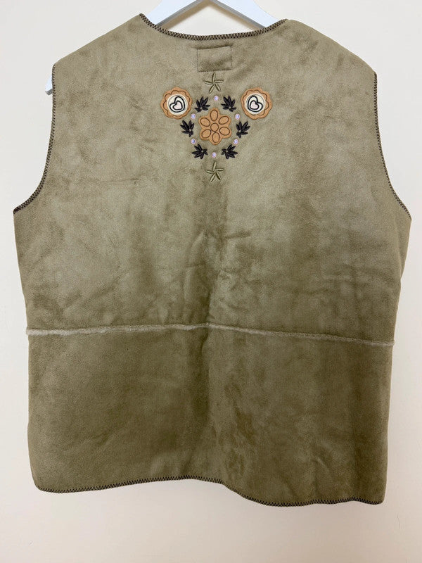 Vintage Faux Shearing Fur Olive Green Embroidered Gilet by DAPA - XL