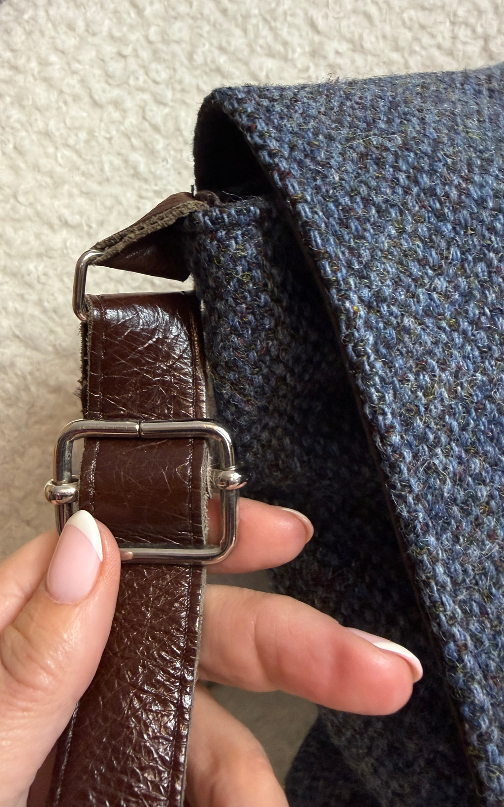 Harris Tweed Messenger Crossbody Bag Navy Herringbone Wool