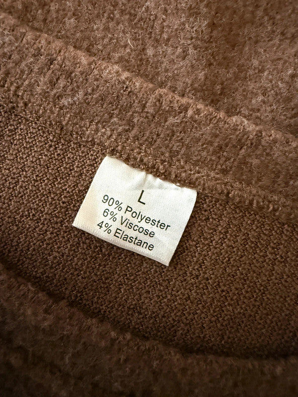 Brown Knitted Crew Neck Face Eyelashes Motif Jumper - Large