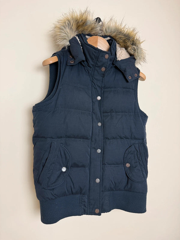 Fat Face Navy Gilet Sherpa Lined Faux Fur Hood - UK12