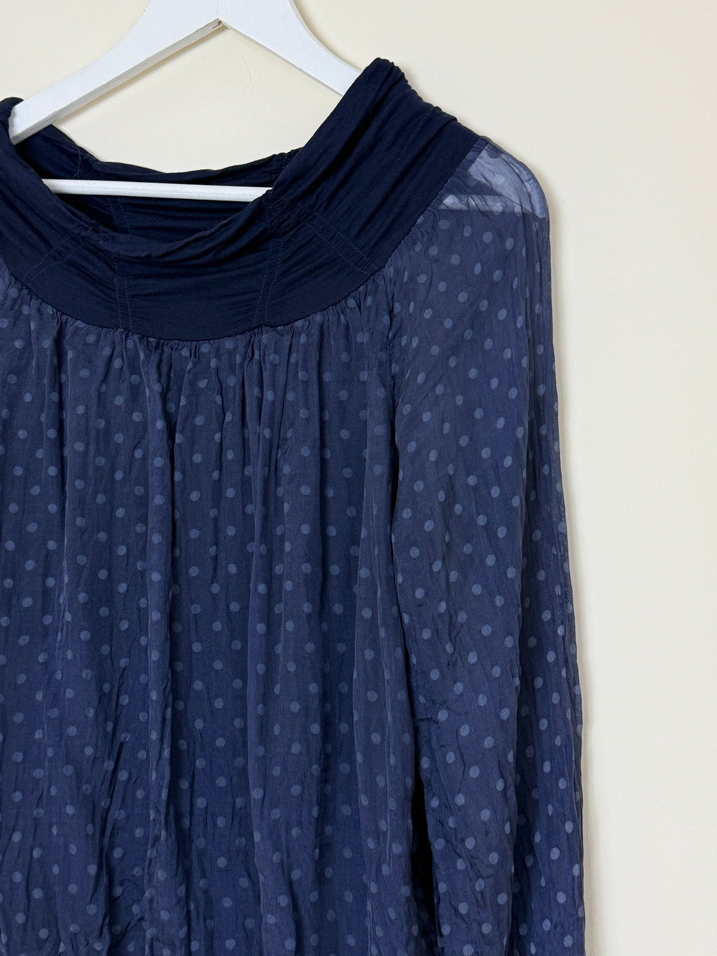 Made In Italy Navy Blue Sheer Polka Dot Balloon Sleeve Blouse Medium