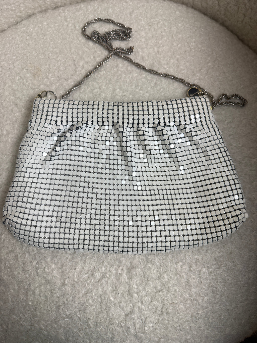 Vintage White Metal Mesh Evening Bag Chainmail Strap Gold Lining Shoulder