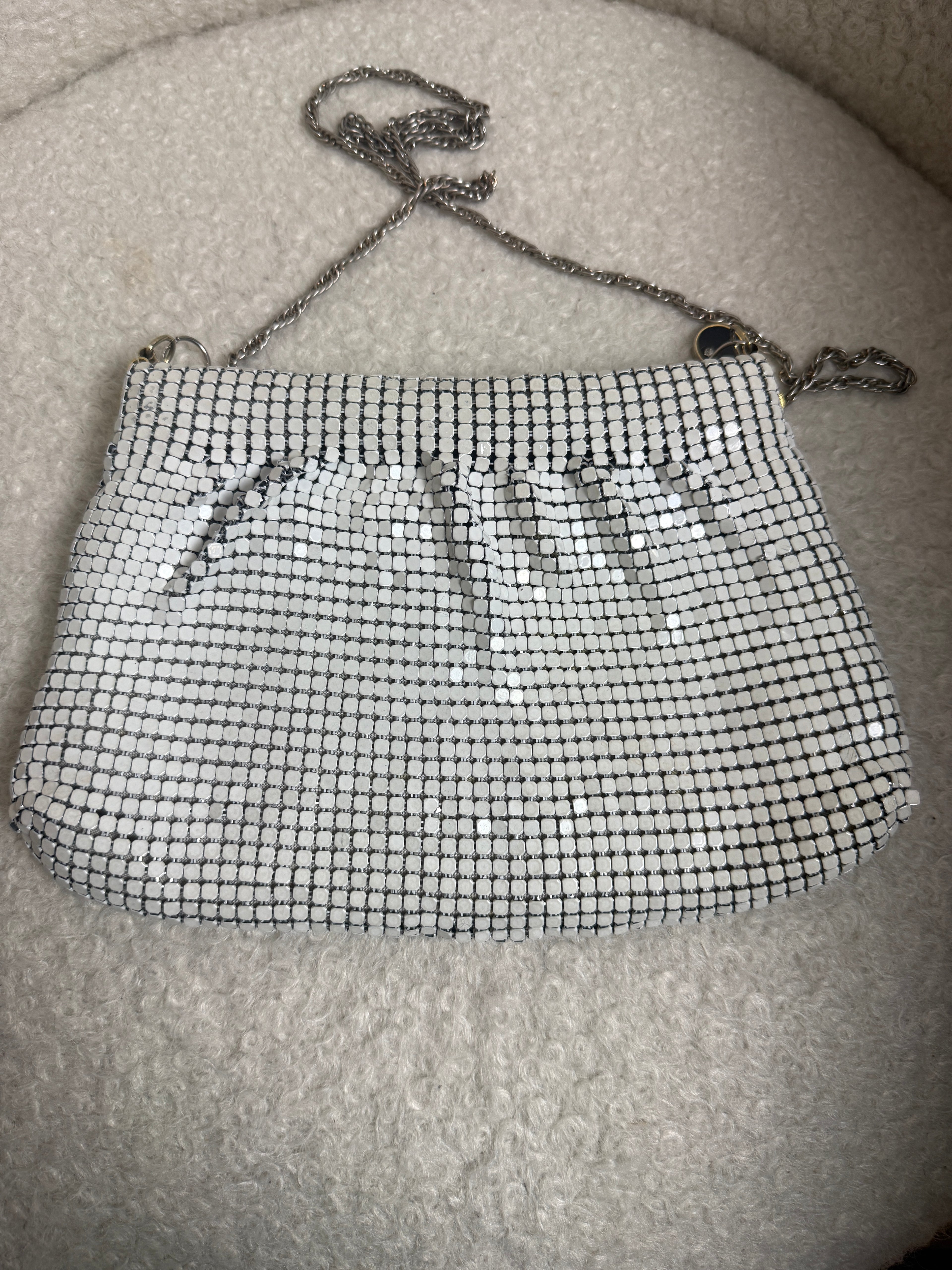 Vintage White Metal Mesh Evening Bag Chainmail Strap Gold Lining Shoulder