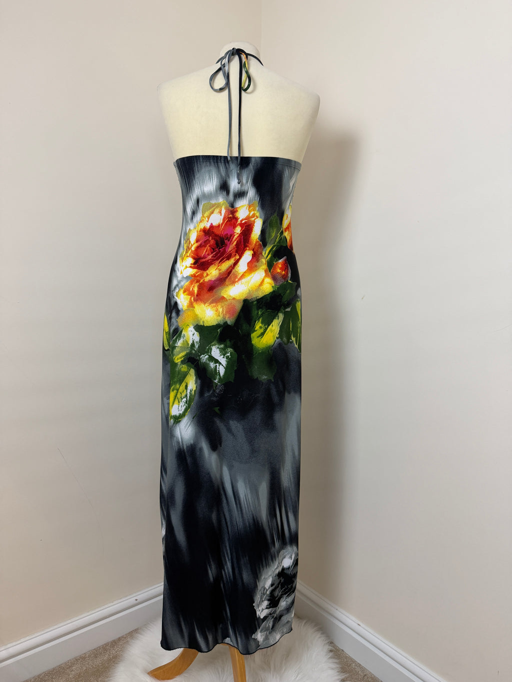 Saint Tropez West Y2K Black Floral Beaded Halter Maxi Dress UK 8