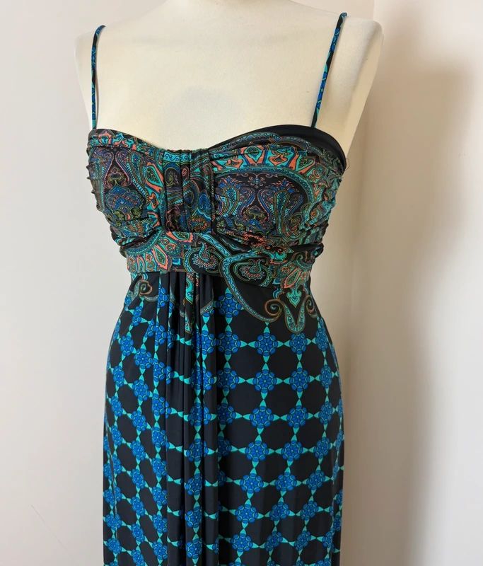 Therapy Blue Geometric Paisley Maxi Dress Slinky Strappy Holiday UK8