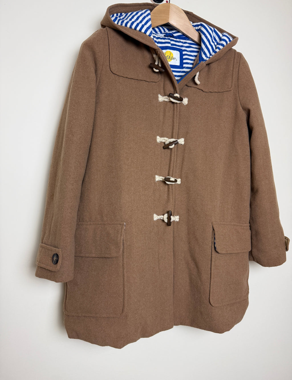 Boden Camel Brown Wool Blend Duffle Coat with Nautical Lining 10Reg