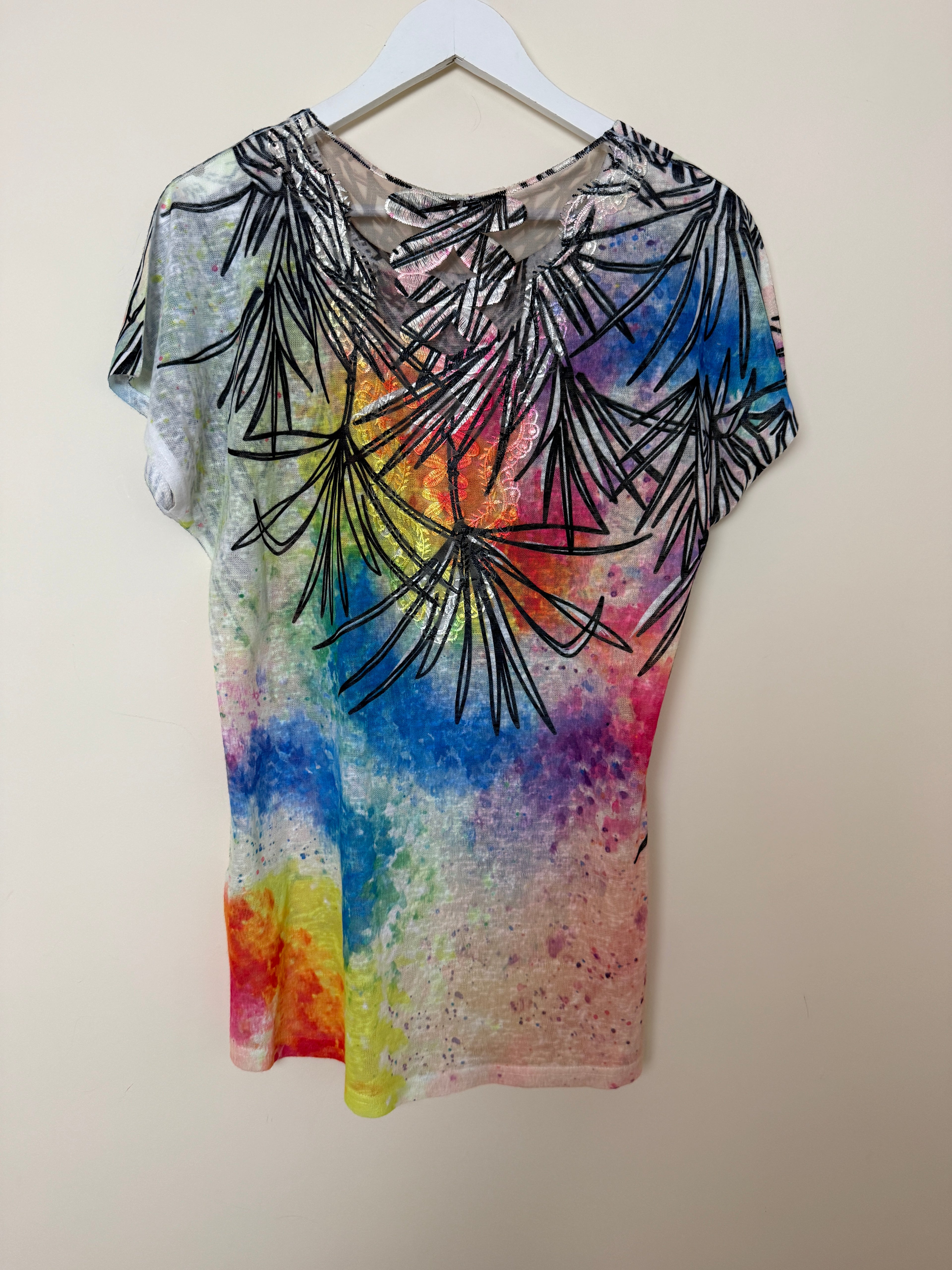 Casamia Rainbow Abstract Mesh Top Medium Pride Festival Stretch Tunic