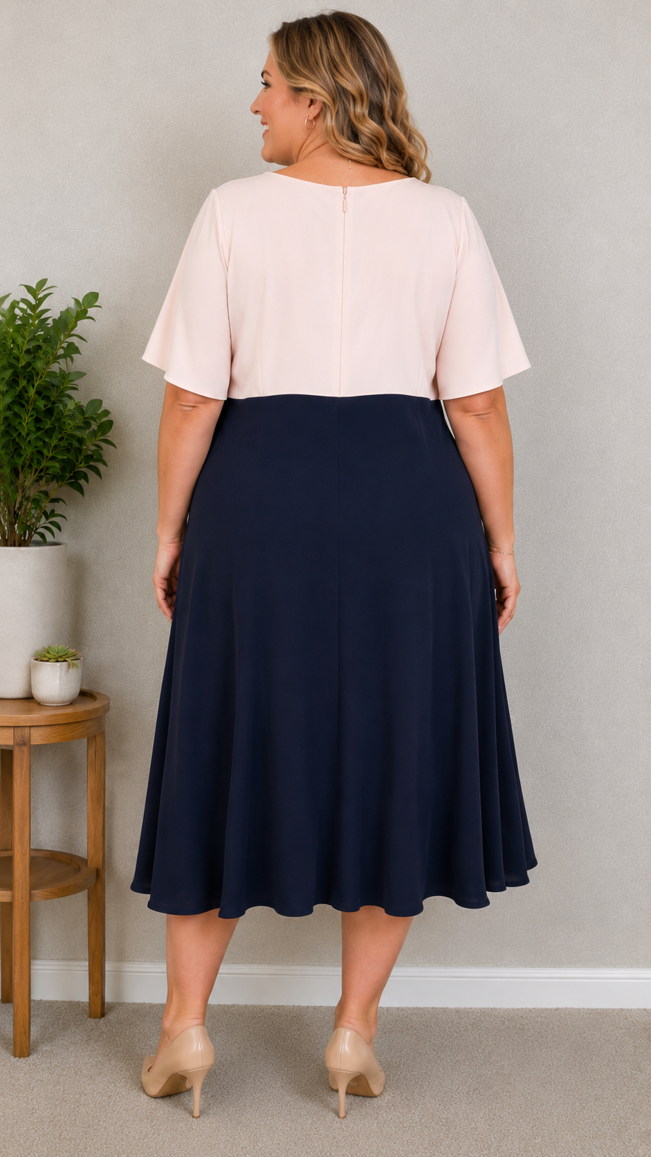 Phase Eight Blush Pink & Navy Cape Overlay Midi Dress UK18 - Preloved
