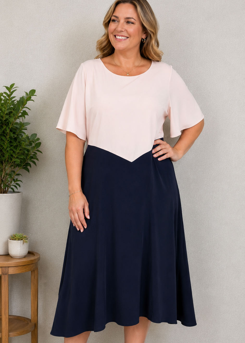 Phase Eight Blush Pink & Navy Cape Overlay Midi Dress UK18 - Preloved